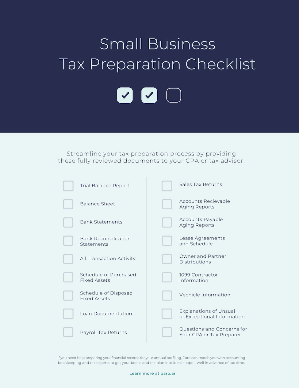 Small Business Tax Preparation Checklist | Paro
