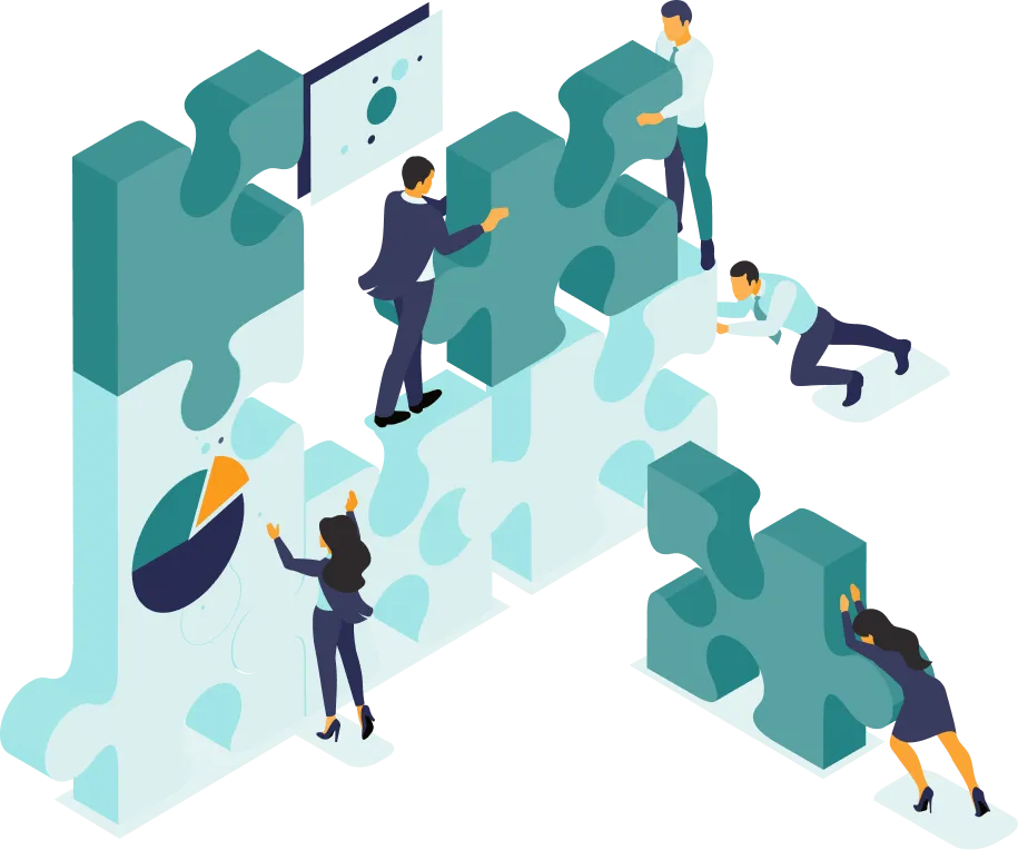 Partnerships - Your premier partner for all back-office, finance & accounting necessities. 6 Teamwork to solve puzzle illustration