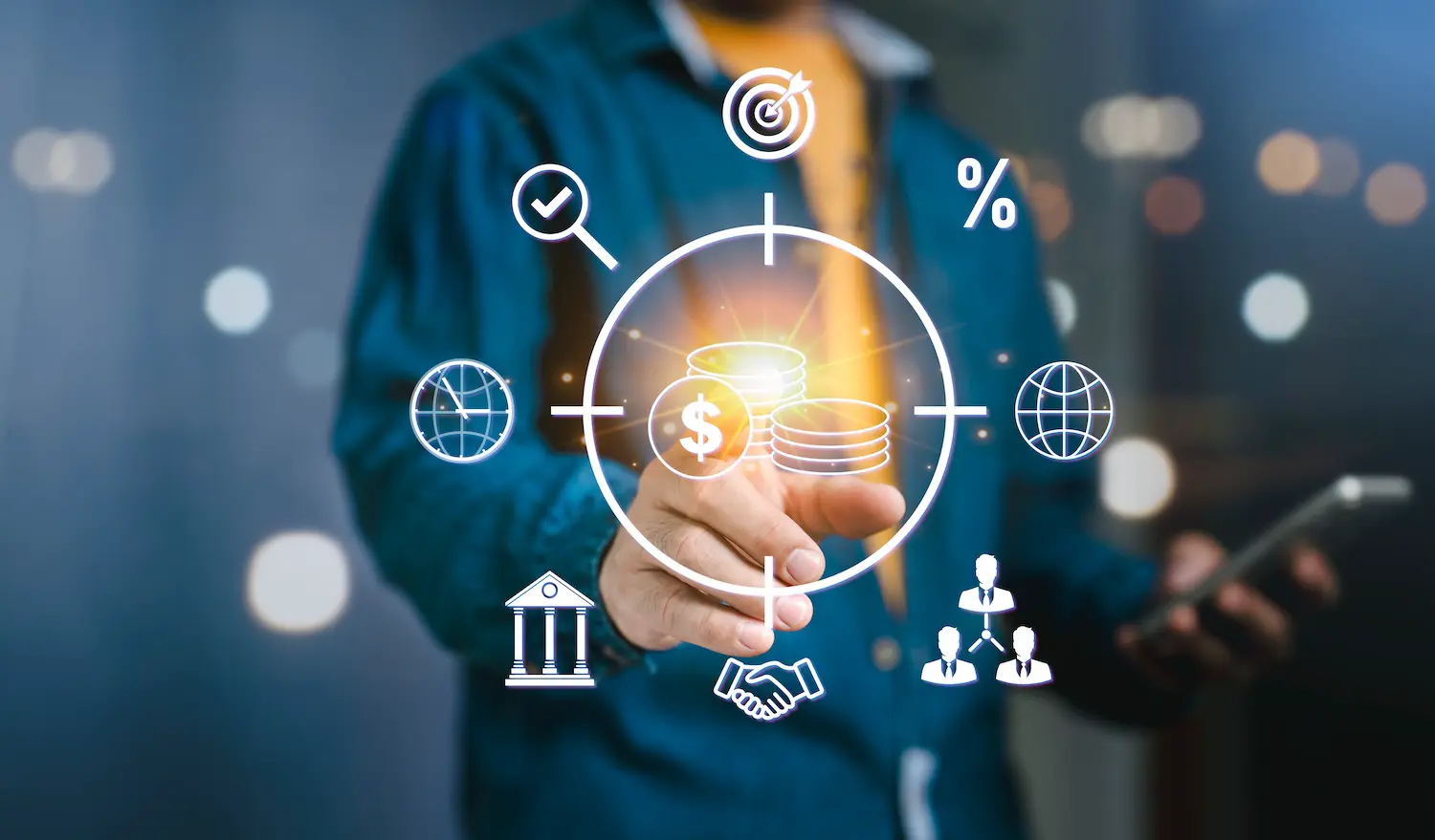 Fractional CFOs: Smart Financial Leadership During Uncertain Times 1 Image of a fractional CFO with icons overlayed that indicate cash savings and preservation