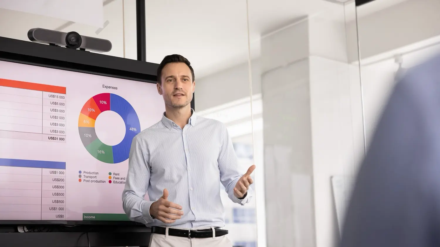 A finance leader presents to his company's Board of Directors.